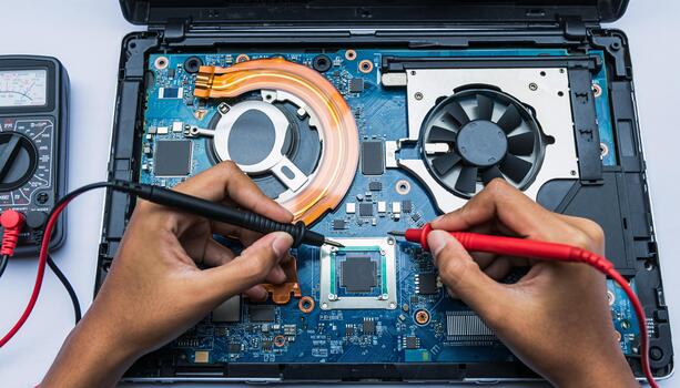 Skilled Hands Meticulously Repair A Laptop S Internal Components With A Multimeter Diagnosing Electronic Issues For Computer Maintenance And It Service Photo